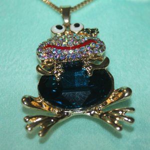 Nwt: Big Aqua Blue rhinestone Frog 🐸 Necklace